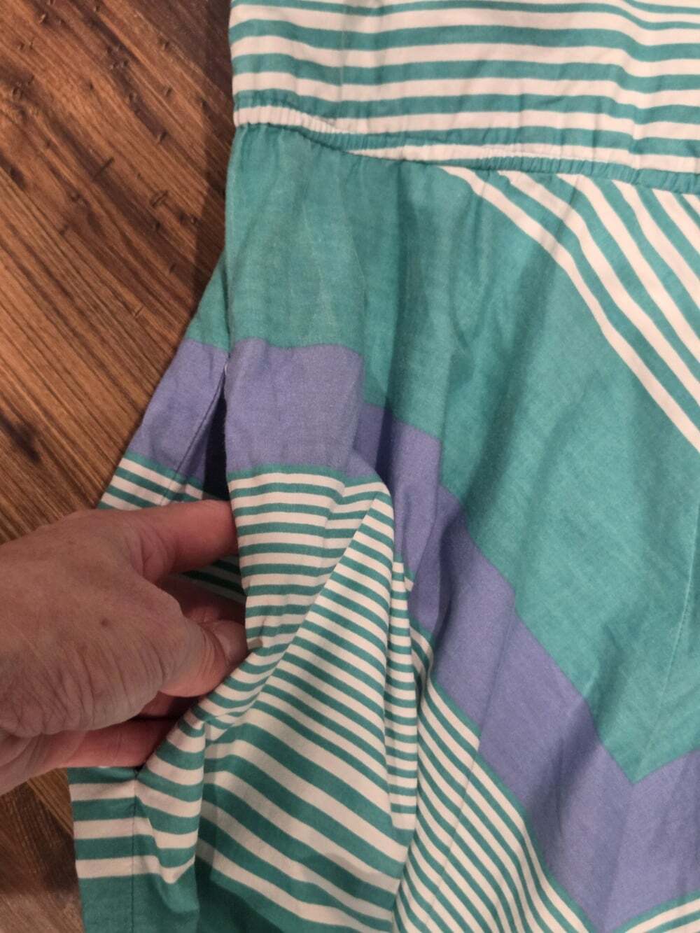 Vtg 80s Melissa Lane Striped Midi Dress Size 8 Teal Blue Chevron Pockets Cotton - Picture 7 of 14